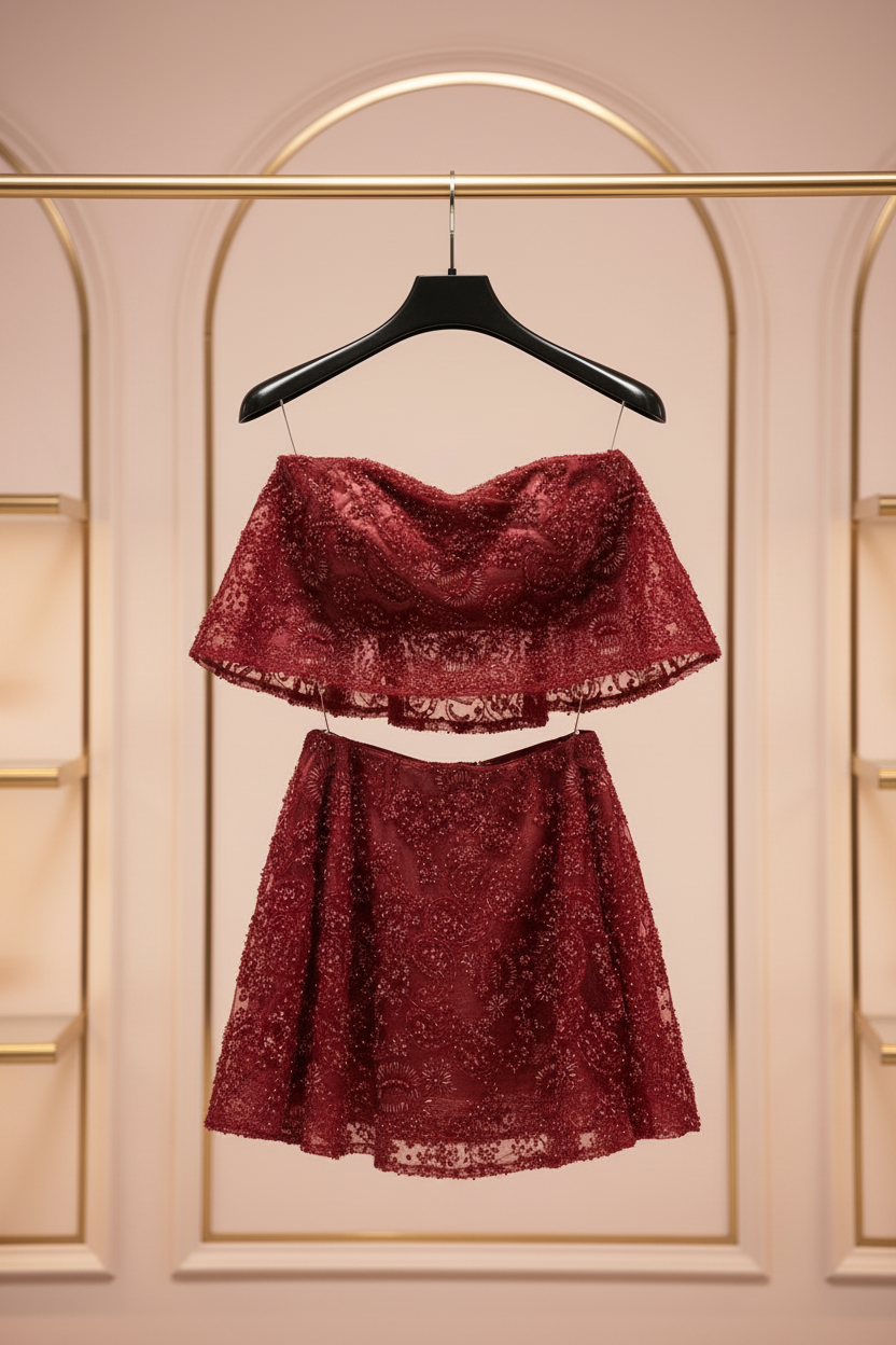 Crimson Beaded Lace Set – Ivory Luxury Boutique